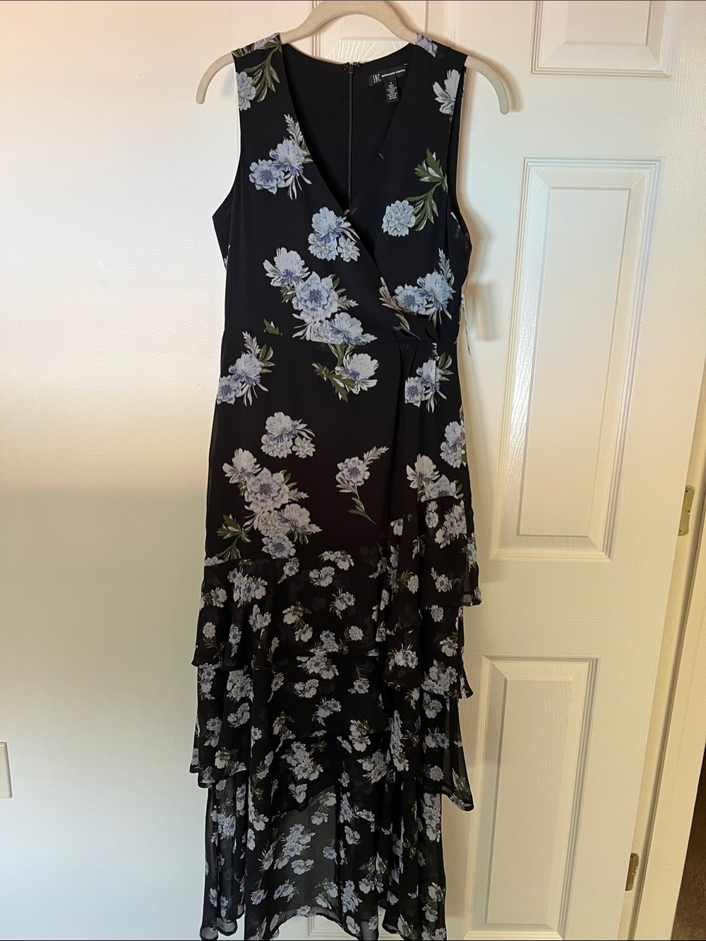 INC Black Floral High-Low Wrap Maxi Dress with Light Blue Flowers